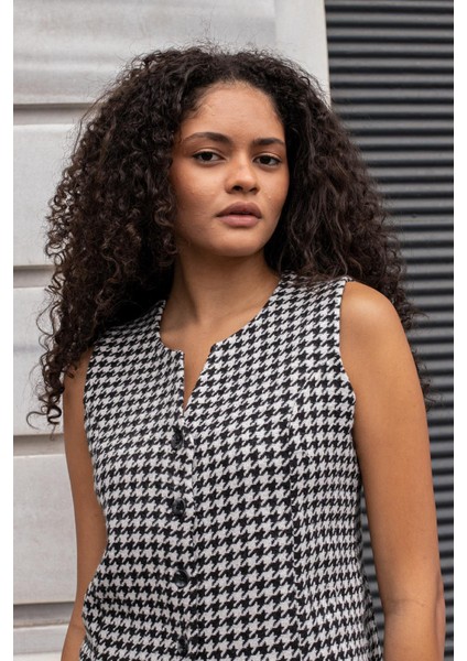 Kadın Tuvit Kazayağı Sıfır Yaka Yelek-Siyah Kazayağı indirimleri