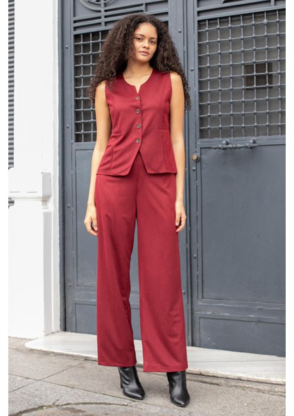 Kadın Süet Dokulu Kumaş Geniş Sıfır Yakalı Flato Cepli Yelek-Bordo