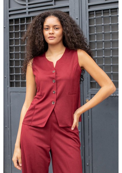 Kadın Süet Dokulu Kumaş Geniş Sıfır Yakalı Flato Cepli Yelek-Bordo fiyatları