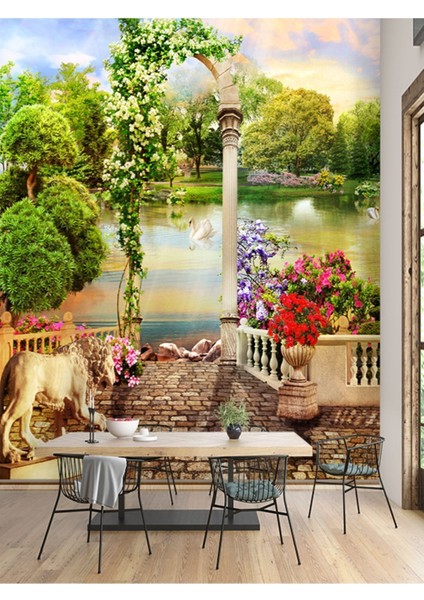 Çiçekli Park Desen Isı ve Ses Yalıtımlı Sağlıklı Tekstil Duvar Kağıdı