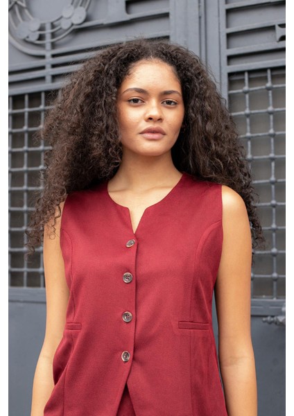 Kadın Süet Dokulu Kumaş Geniş Sıfır Yakalı Flato Cepli Yelek-Bordo modelleri