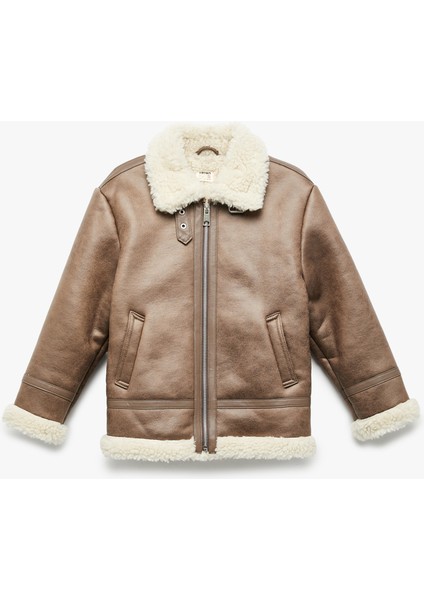 Peluş Yaka Uzun Kollu Cepli Fermuarlı Suni Deri Ceket