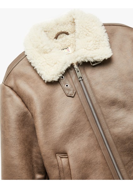 Peluş Yaka Uzun Kollu Cepli Fermuarlı Suni Deri Ceket modelleri