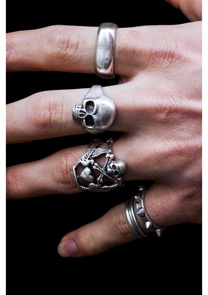 4 Adet 925 Ayar Gümüş Kaplama Ayarlanabilir El Yapımı Erkek Kadın Kurukafa Yüzük Seti