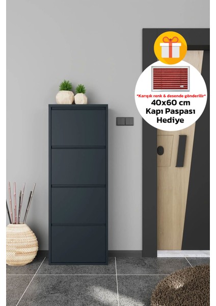 Dört Katlı Duvara Sabitlenebilir Metal Ayakkabılık 40X60 cm Kapı Paspası Hediyeli