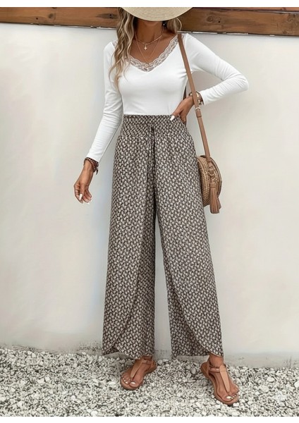 Kadın Yüksek Bel Lastikli Önden Iki Parçalı Desenli Bürümcük Pantolon