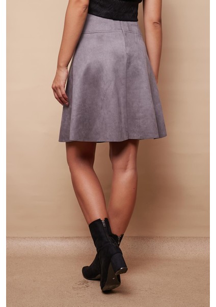 Hafif Likralı Süet Kumaş Yüksek Bel Diz Üstü Kısa Kiloş Etek-Gri