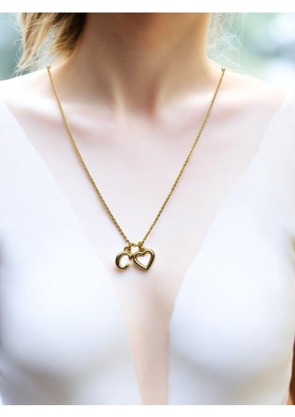 C Harfi 316L Paslanmaz Çelik Zincir Altın Kaplama Kolye Hediye Kalp Sevgili Eş