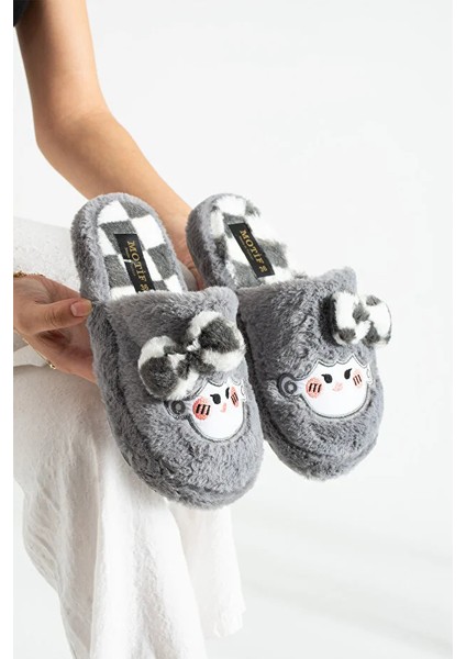 Bubu Kadın Peluş Içi Tüylü Kaydırmaz Rahat Taban Fiyonklu Kışlık Ev Terliği