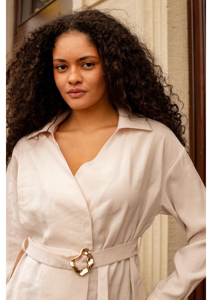 Kadın Ipeksi Dokulu Likrasız Modal Kumaş Yakalı Anvelop Kemerli Şık Bluz-Bej indirimleri