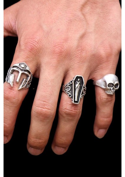 4 Adet 925 Ayar Gümüş Kaplama Ayarlanabilir El Yapımı Erkek Miğfer Tabut Kurukafa Yüzük Seti