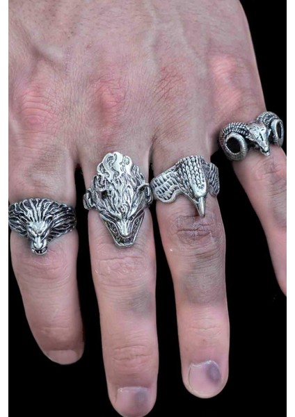 4 Adet 925 Ayar Gümüş Kaplama Ayarlanabilir Erkek Kadın Hayvanlar Kurt Koç Kartal Aslan Yüzük Seti