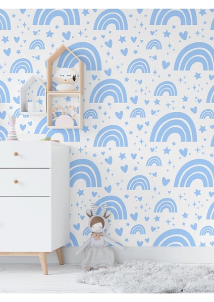 Çocuk Odası Mavi Yıldız Desenli Isı ve Ses Yalıtımlı Sağlıklı Tekstil Duvar Kağıdı