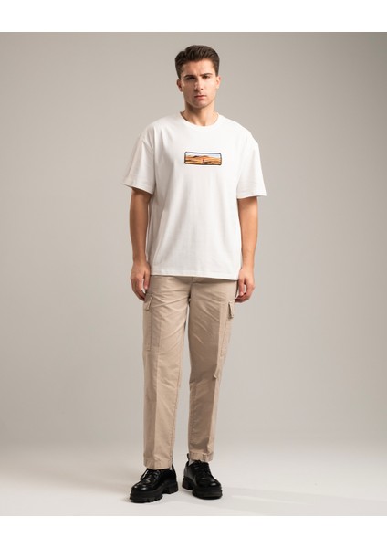 Horizon Erkek Oversize Fit %100 Organik Pamuk Kalın Dokulu Bisiklet Yakalı Nakışlı Kırık Beyaz T-Shirt