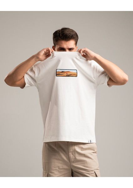 Horizon Erkek Oversize Fit %100 Organik Pamuk Kalın Dokulu Bisiklet Yakalı Nakışlı Kırık Beyaz T-Shirt modelleri