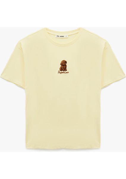 Kısa Kollu Köpek Nakış Detaylı Bisiklet Yaka Oversize Tişört