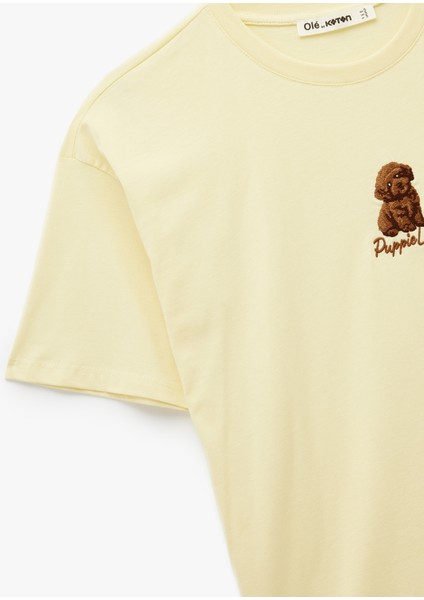 Kısa Kollu Köpek Nakış Detaylı Bisiklet Yaka Oversize Tişört modelleri