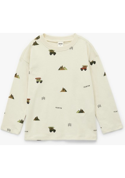 Baskılı Uzun Kollu Bisiklet Yaka Pamuklu Tişört