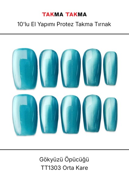 15'li Mavi Orta Kare TT1303 Tekrar Kullanılabilir El Yapımı Protez Takma Tırnak - Mavi-XS