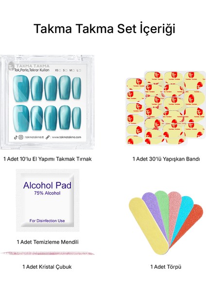 15'li Mavi Orta Kare TT1303 Tekrar Kullanılabilir El Yapımı Protez Takma Tırnak - Mavi-XS fiyatları