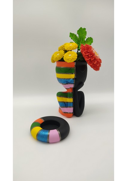 Çiçekli Renkli Yarım Yüz Siyah ve Tealıght Mumluk Set