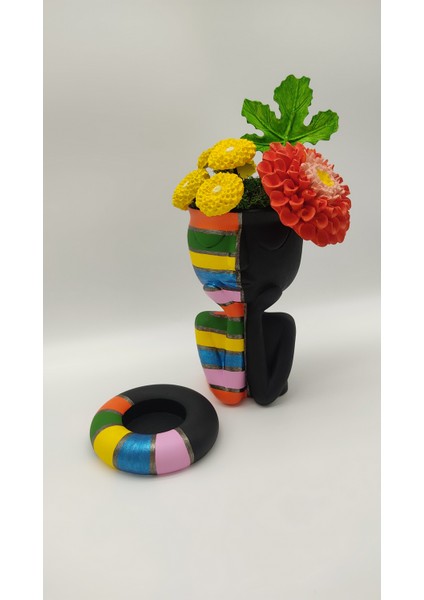 Çiçekli Renkli Yarım Yüz Siyah ve Tealıght Mumluk Set fiyatları