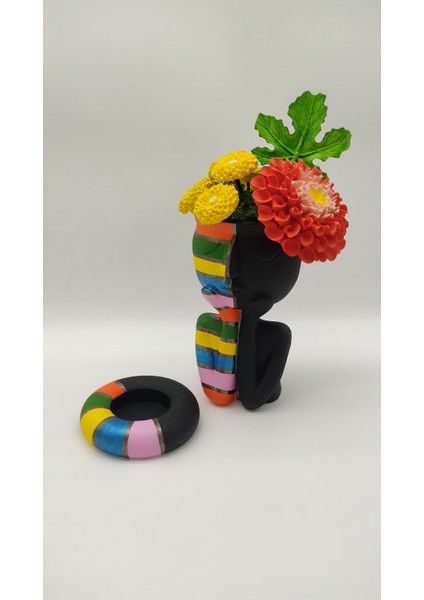 Çiçekli Renkli Yarım Yüz Siyah ve Tealıght Mumluk Set modelleri