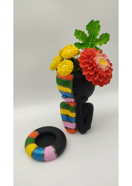 Çiçekli Renkli Yarım Yüz Siyah ve Tealıght Mumluk Set fırsatları