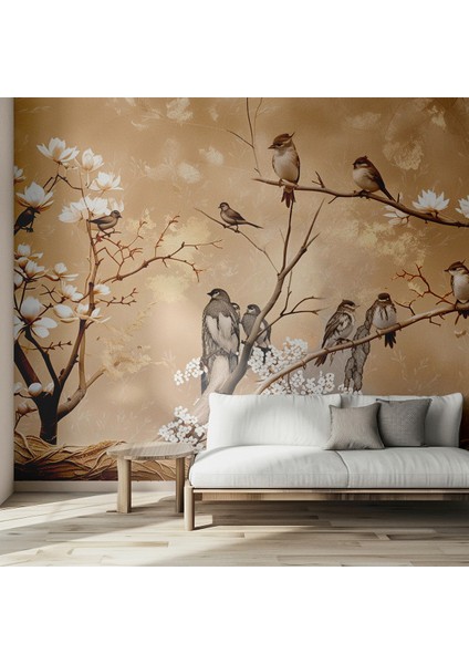 Vintage Kuş ve Çiçek Desenli 3D Duvar Kağıdı Isı ve Ses Yalıtımlı