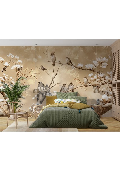 Vintage Kuş ve Çiçek Desenli 3D Duvar Kağıdı Isı ve Ses Yalıtımlı modelleri