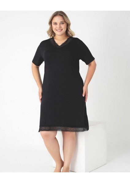 Kadın Battal Viskon V Yaka Yarımkol Gecelik