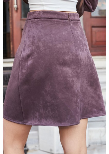 Kadın Hafif Likralı Nubuk Kumaş Diz Boy Çan Etek-Kahve