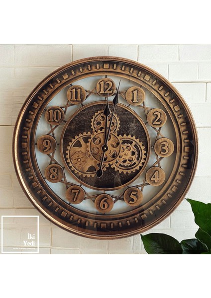 Omerta 60 cm Döner Çarklı Metal Duvar Saati, Mekanik Bakır Bronz Saat, Lüks Ev Ofis Hediyesi