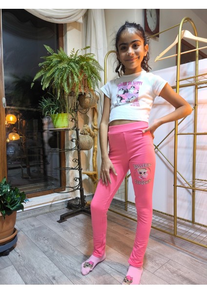 Kız Çocuk Tayt Kışlık Şardonlu Pamuklu Beli Lastikli Balerina Pembe