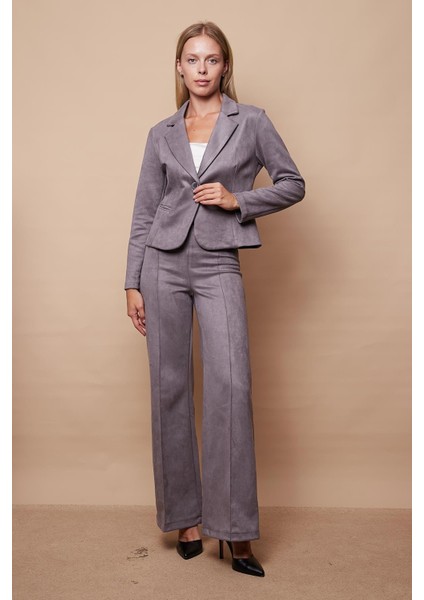 Hafif Likralı Süet Kumaş Flato Cepli Uzun Kol Kısa Blazer Ceket-Gri fiyatları