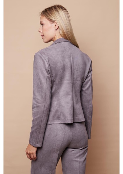 Hafif Likralı Süet Kumaş Flato Cepli Uzun Kol Kısa Blazer Ceket-Gri