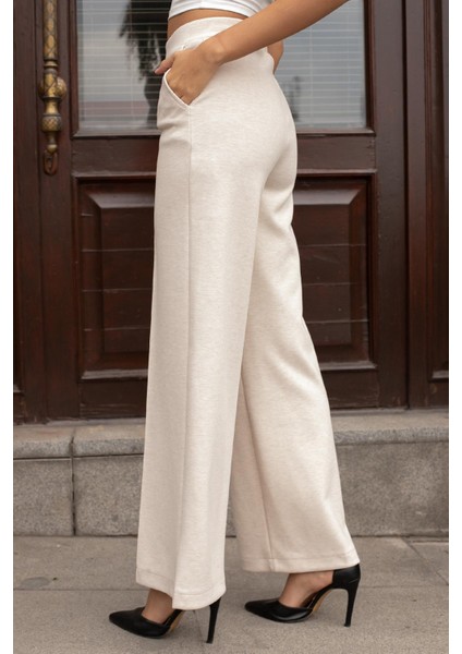Kadın Kalın Esnek Kumaş Yan Cepli Bol Paça Yüksek Bel Rahat Kesim Palazzo Pantolon-Krem fırsatları