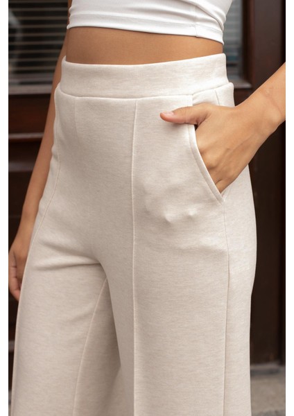 Kadın Kalın Esnek Kumaş Yan Cepli Bol Paça Yüksek Bel Rahat Kesim Palazzo Pantolon-Krem indirimleri