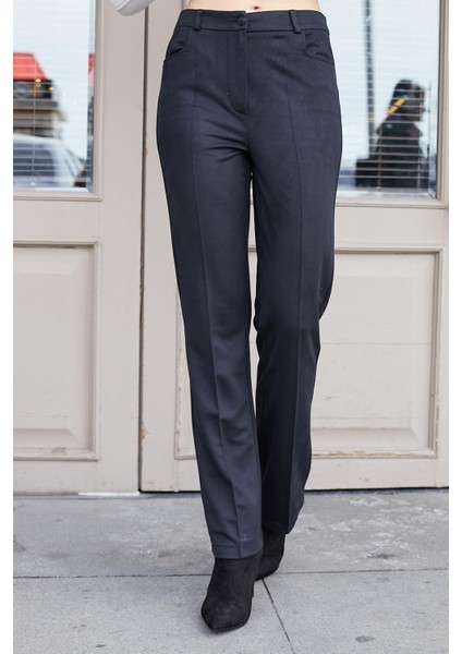 Kadın Diyagonal Yüksek Bel Alman Cepli Boru Paça Pantolon-Siyah fırsatları