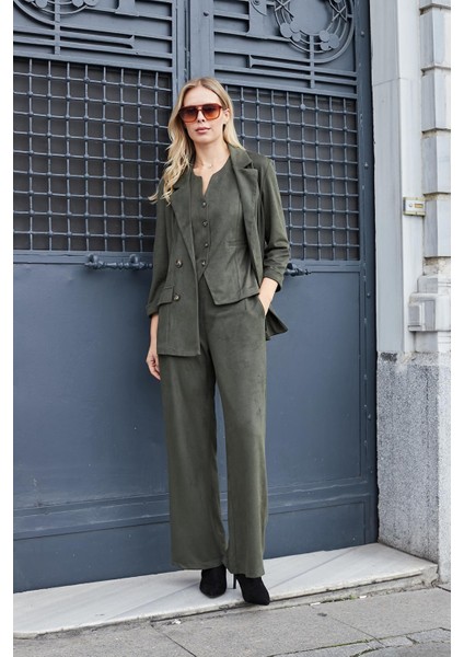 Kadın Süet Dokulu Kumaş Yüksek Bel Yan Cepli Beli Lastikli Bol Paça Palazzo Pantolon-Haki