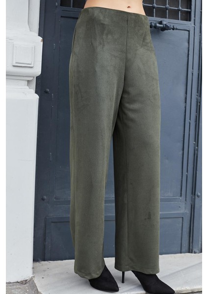 Kadın Süet Dokulu Kumaş Yüksek Bel Yan Cepli Beli Lastikli Bol Paça Palazzo Pantolon-Haki fiyatları