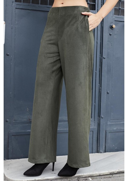 Kadın Süet Dokulu Kumaş Yüksek Bel Yan Cepli Beli Lastikli Bol Paça Palazzo Pantolon-Haki modelleri