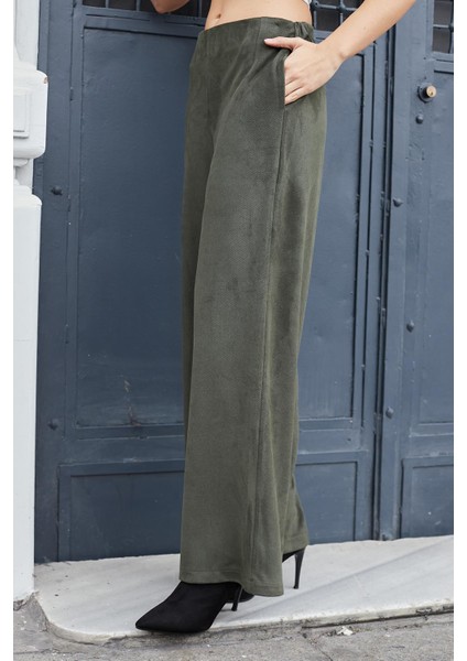 Kadın Süet Dokulu Kumaş Yüksek Bel Yan Cepli Beli Lastikli Bol Paça Palazzo Pantolon-Haki fırsatları