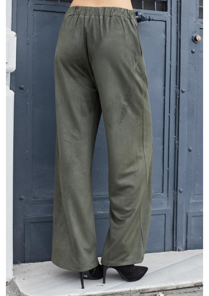 Kadın Süet Dokulu Kumaş Yüksek Bel Yan Cepli Beli Lastikli Bol Paça Palazzo Pantolon-Haki indirimleri
