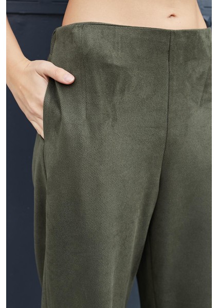 Kadın Süet Dokulu Kumaş Yüksek Bel Yan Cepli Beli Lastikli Bol Paça Palazzo Pantolon-Haki