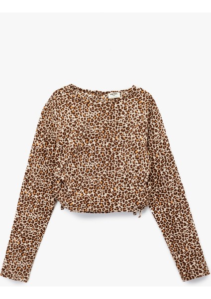 Leopar Desenli Uzun Kollu Bisiklet Yaka Crop Bluz