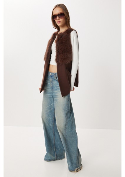 Suni Kürk Detaylı Kaşe Yelek LWF0050 Kahverengi fiyatları