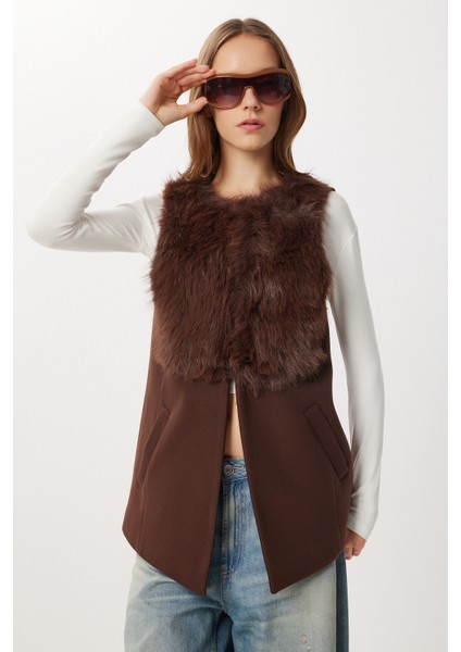 Suni Kürk Detaylı Kaşe Yelek LWF0050 Kahverengi fırsatları