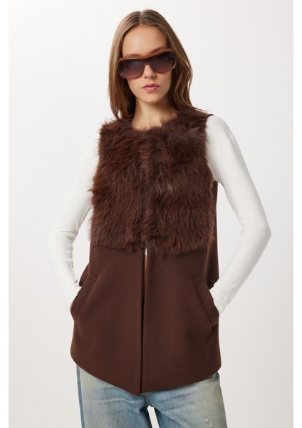 Suni Kürk Detaylı Kaşe Yelek LWF0050 Kahverengi indirimleri