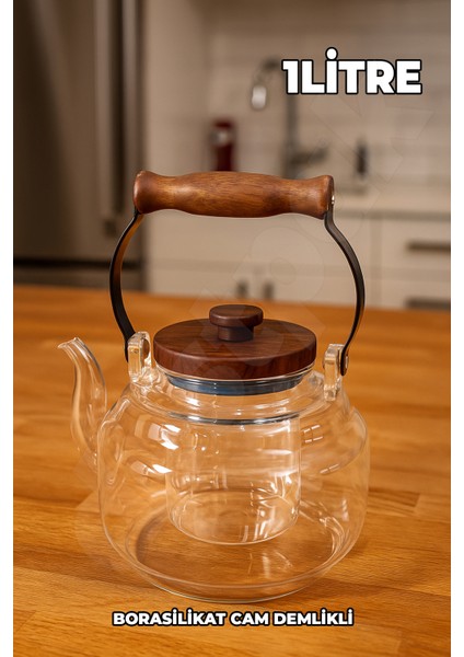 Akasya Kapaklı ve Üstten Saplı Yuvarlak Cam Demlik - Isıya Dayanıklı - Cam Demlikli - 3 Parça